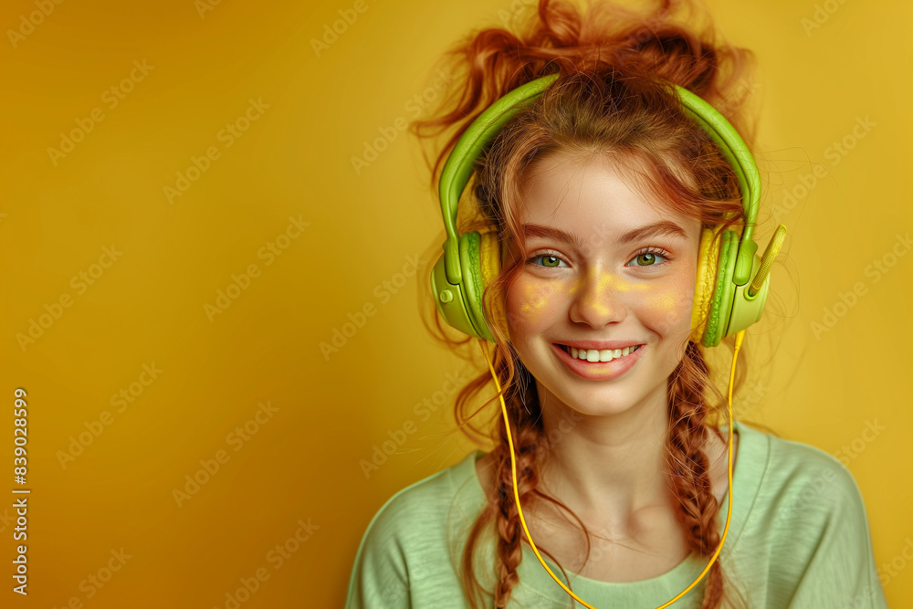 A beautiful girl with red hair and green eyes with headphones on her ears , the background is green and yellow. summer idea. Flat lay, top view, copy space A beautiful girl with red hair and green eyes with headphones on her ears , the background is green and yellow. summer idea. Flat lay, top view, copy space