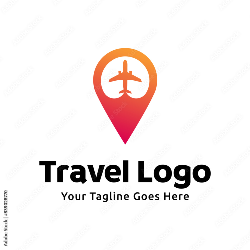 logo design combining the shape of a pin map with an airplane, logo design traveling template