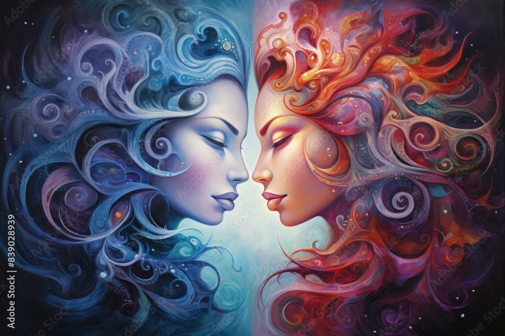 Artistic representation of fire and ice themed female faces in elaborate, colorful fantasy style Artistic representation of fire and ice themed female faces in elaborate, colorful fantasy style