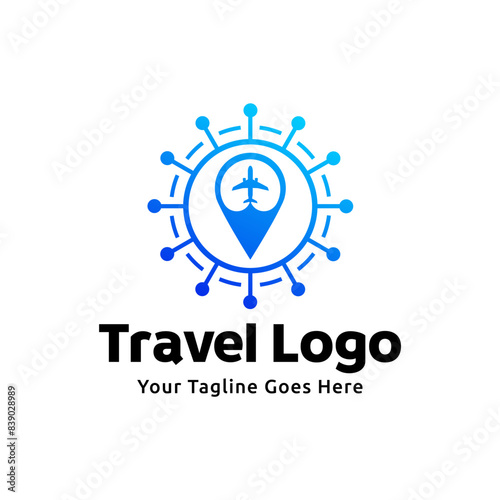 logo design combining the shape of a pin map with an airplane, logo design traveling template