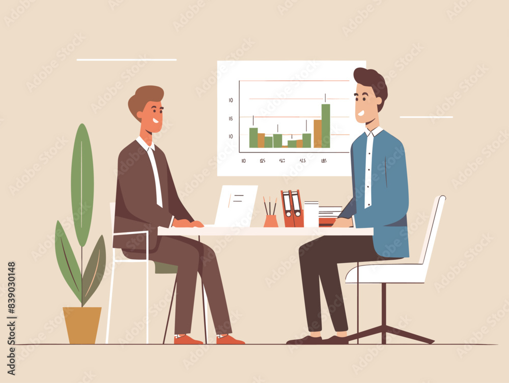 Animated Performance Review: Manager Provides Employee Feedback Amidst Progress Chart Animated Performance Review: Manager Provides Employee Feedback Amidst Progress Chart