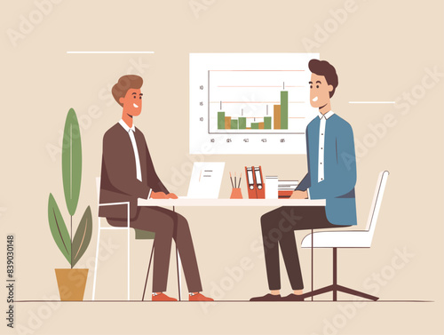 Animated Performance Review: Manager Provides Employee Feedback Amidst Progress Chart
