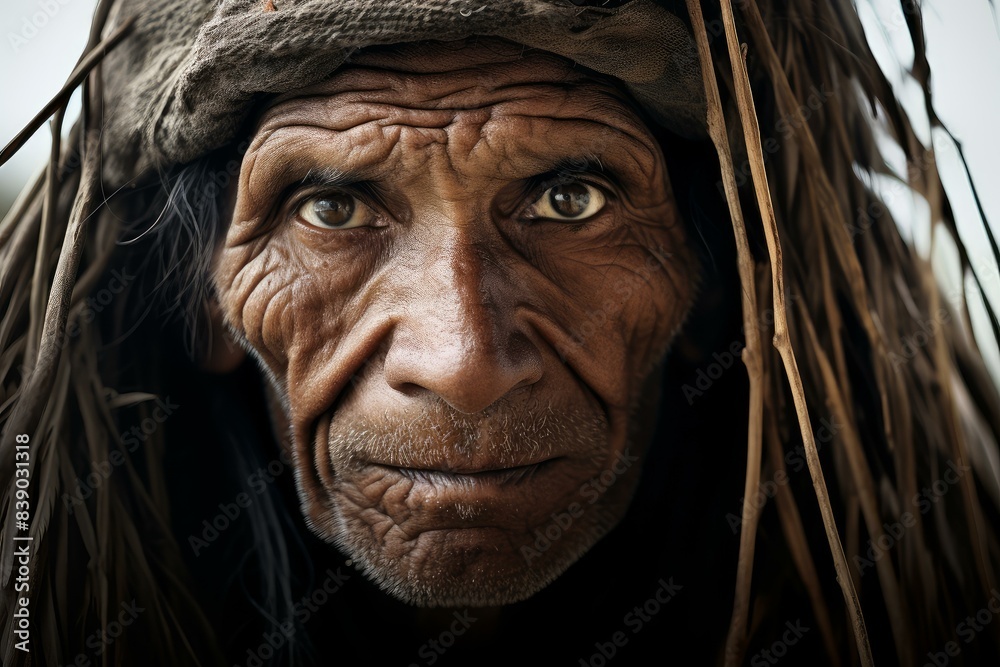 Close-up portrait of an aged tribal man with deep eyes and weathered skin