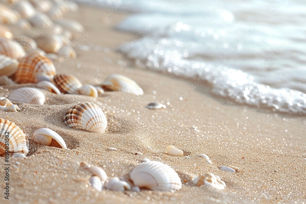 Beach with white sand with small shells and the ocean, sea wave with foam. Summer holidays and seaside holidays. Poster for travel agencies selling sea tours. Beach with white sand with small shells and the ocean, sea wave with foam. Summer holidays and seaside holidays. Poster for travel agencies selling sea tours.