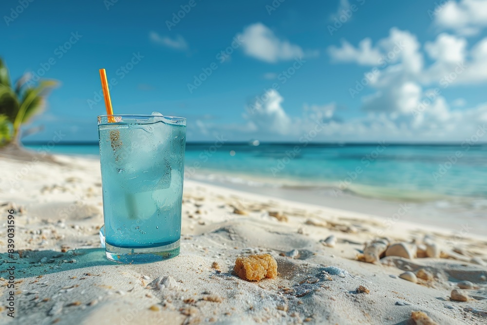 A steamy glass of blue lemonade with ice stands on the beach on white sand. Ocean with waves. Sea vacation. To advertise a seaside vacation for a travel agency.	