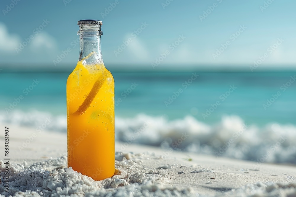 A steamy bottle of orange lemonade with ice stands on the beach on white sand. Ocean with waves. Sea vacation. To advertise a seaside vacation for a travel agency. A steamy bottle of orange lemonade with ice stands on the beach on white sand. Ocean with waves. Sea vacation. To advertise a seaside vacation for a travel agency.