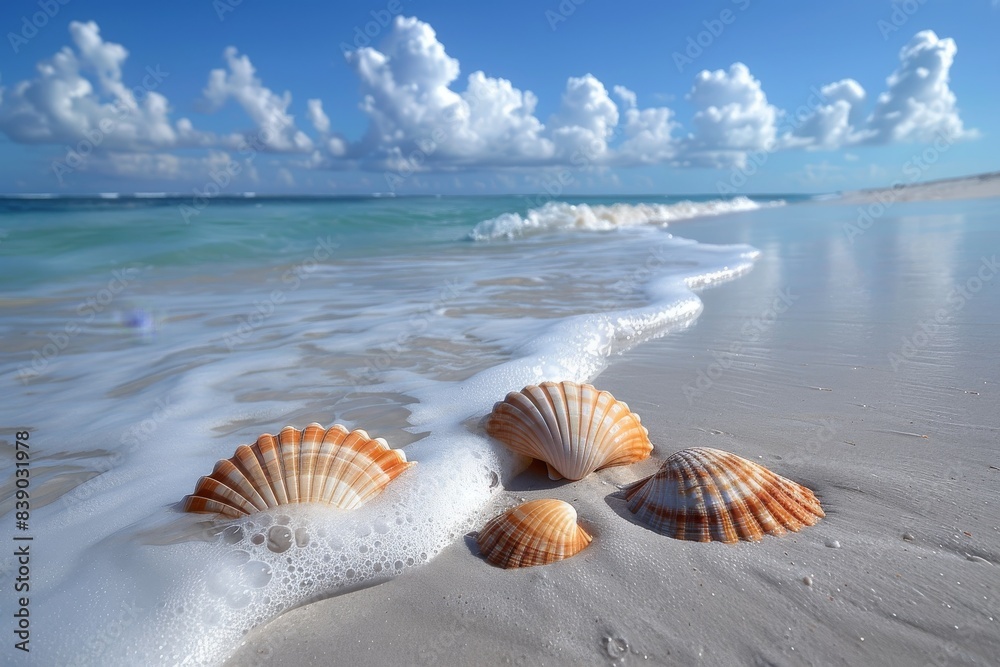 Beach with white sand with small shells and the ocean, sea wave with foam. Summer holidays and seaside holidays. Poster for travel agencies selling sea tours. Beach with white sand with small shells and the ocean, sea wave with foam. Summer holidays and seaside holidays. Poster for travel agencies selling sea tours.