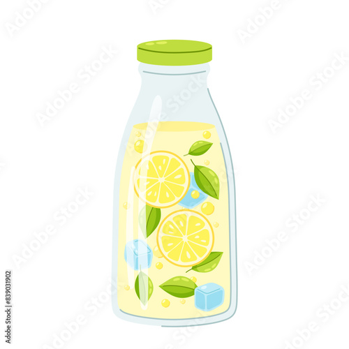 Cooling citrus lemonade in flat style. Lemon water, fresh cold drink in a bottle. Summer fruity refreshment.