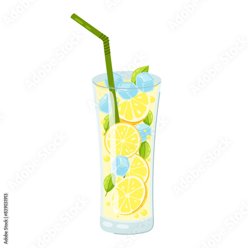 Lemonade with ice in a glass. Carbonated drink, lemonade, fruit drink, cold summer soft drink. Lemonade with fresh lemon in flat style.