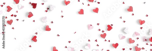 A clean white background with scattered tiny pink and red hearts in a minimalist pattern photo