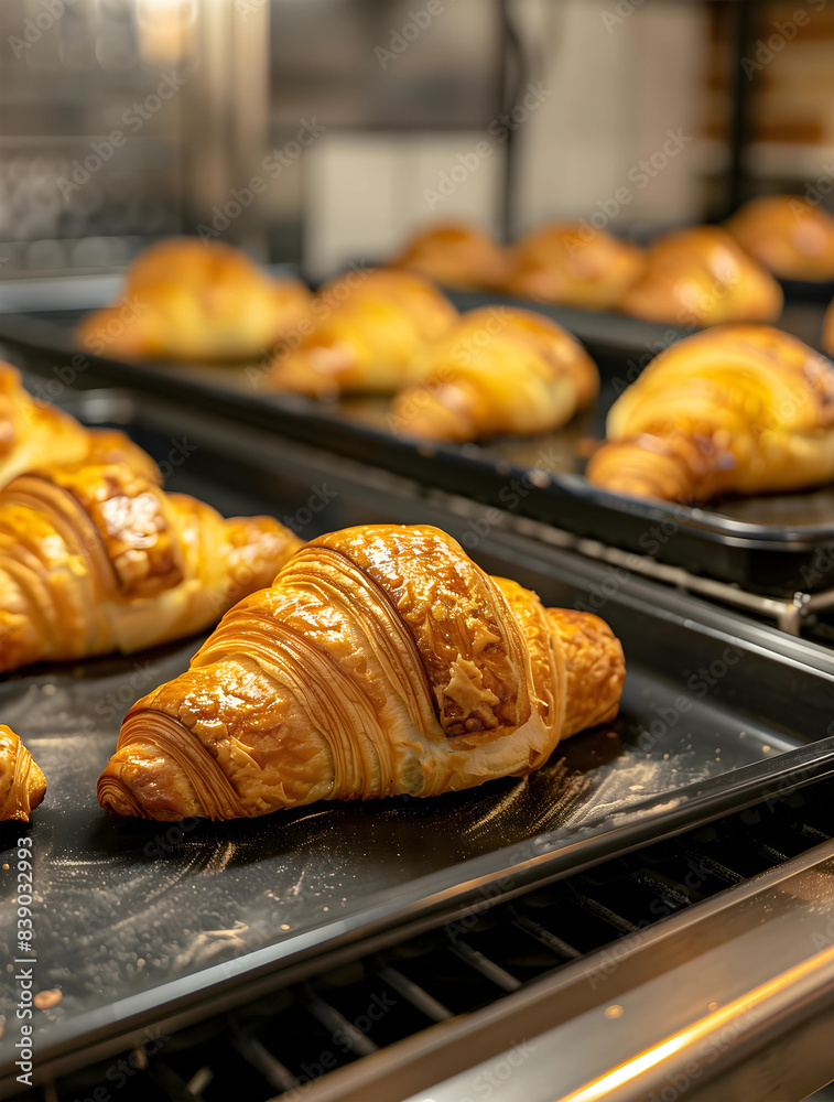 Croissants baked on a black metal tray Croissants baked on a black metal tray