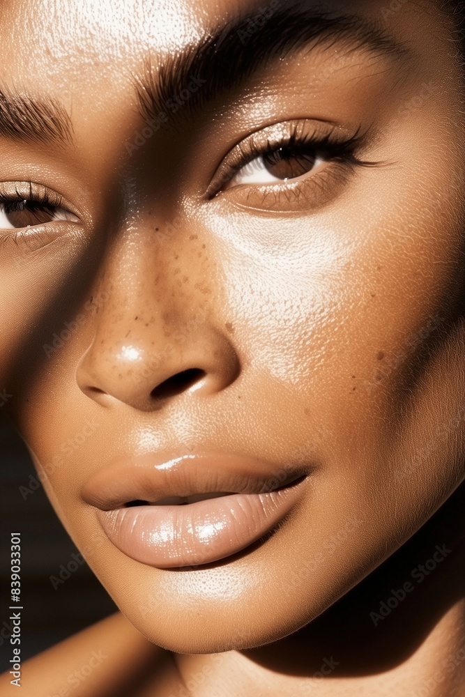 Detailed Close-Up Photo of a Middle-aged Woman in Her 40s with Glowing, Healthy Skin, Without Makeup Detailed Close-Up Photo of a Middle-aged Woman in Her 40s with Glowing, Healthy Skin, Without Makeup