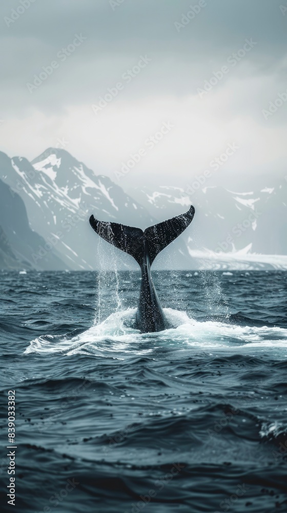 Fototapeta premium a whales tail on the ocean with mountains in the background