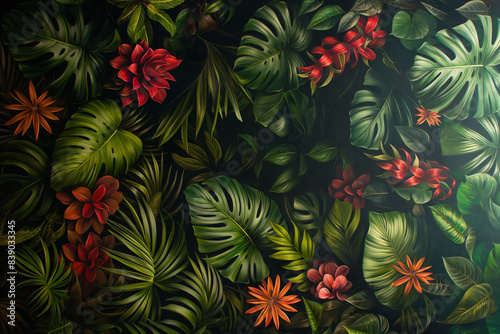 Tropical jungle green leaves with exotic lush foliage, forest, palm, monstera, berries, vibrant colors on dark background, vintage style, oil painting illustration