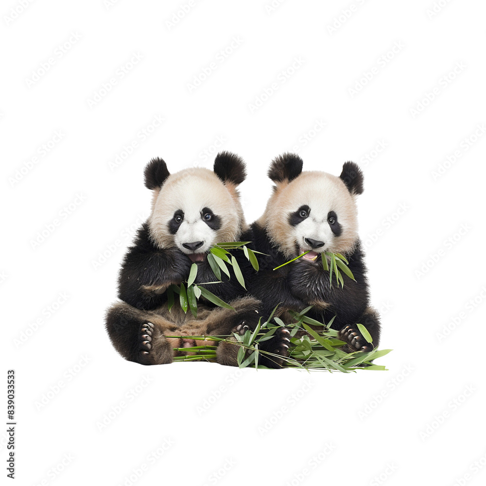 Naklejka premium Adorable Panda Bears Eating Bamboo