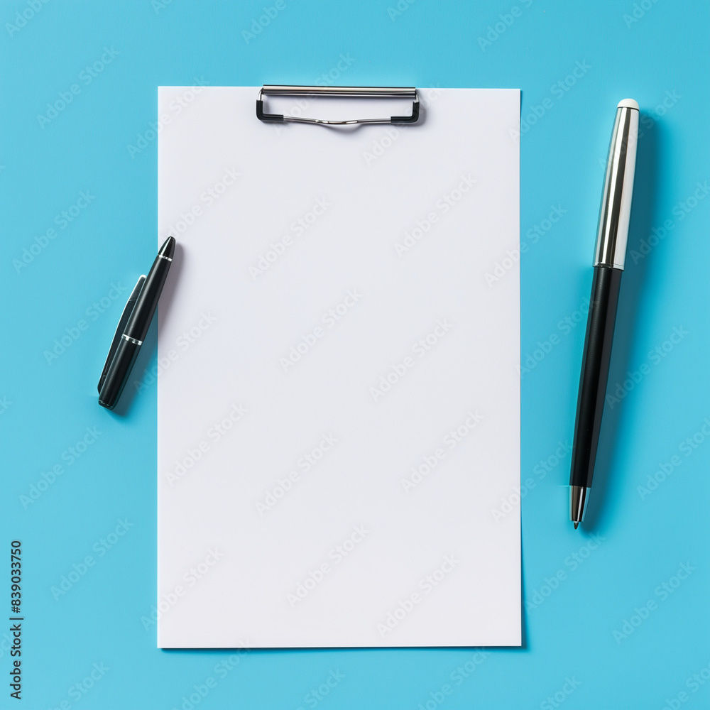 Blank sheet of paper, letter envelope and pen on blue background, top view. Space for text