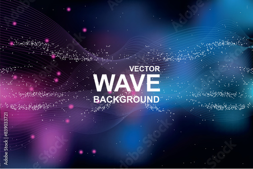 Abstract wave background. Wavy smooth fractal lines with purple and pink gradient and glowing effect on dark backdrop. Bright elegance wallpaper with flowing curved stripes. Vector illustration.
