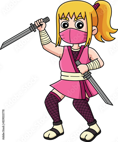Ninja kunoichi Two Short Katanas Cartoon Clipart 