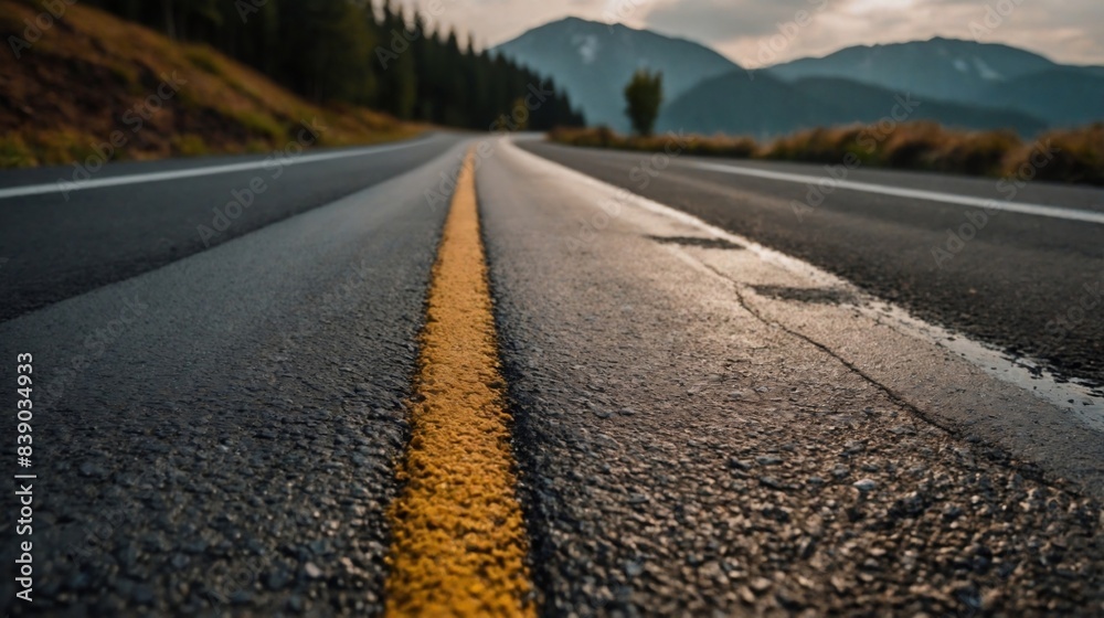 Fototapeta premium two-lane road with a yellow line in the middle dividing the two lanes and the only other objects visible in the image are the mountains in the background.