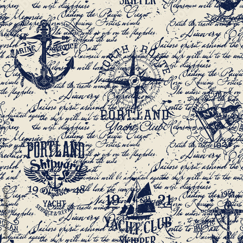 Grunge marine and nautical badges with ink lettering background vintage vector seamless pattern for fabric wear shirt  tablecloth wrapping pillow