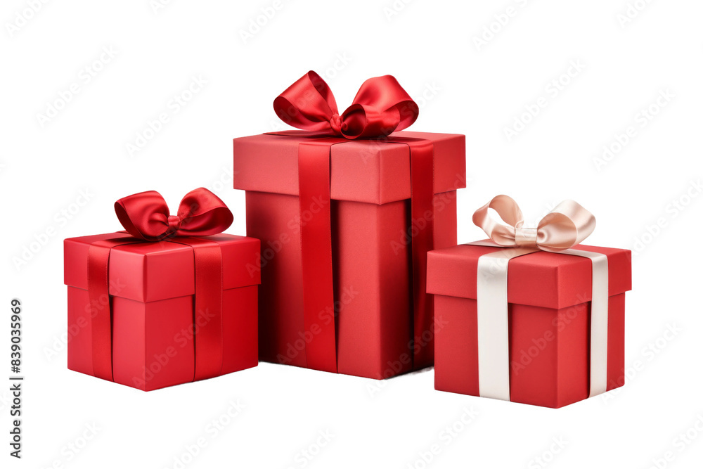 Fototapeta premium Three Scarlet Present Parcels Adorned With Snowy Bands and Knots on a White or Clear Surface PNG Transparent Background..