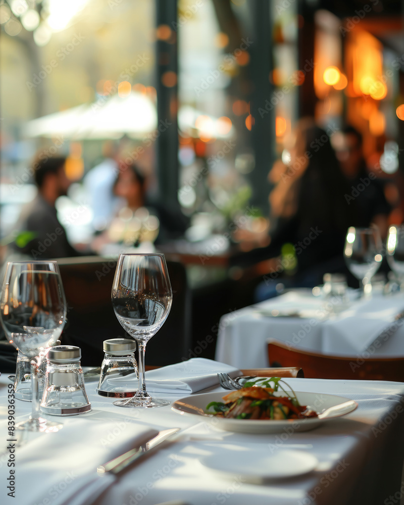 spacious restaurant table with white table cloth, people dining spacious restaurant table with white table cloth, people dining