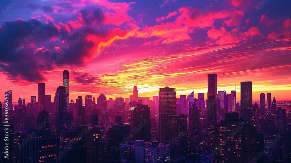 Fototapeta premium A city skyline silhouetted against a vibrant sunset, with skyscrapers reaching up towards the painted sky.