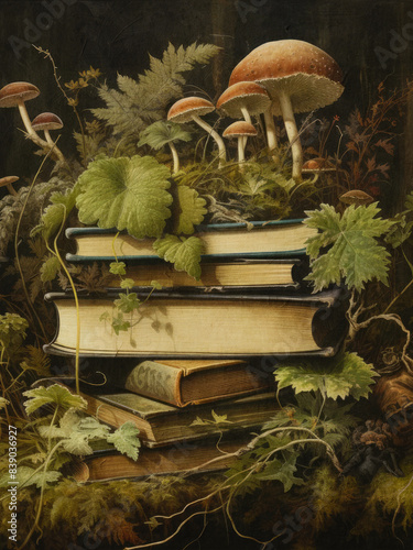 Cottagecore, dark academia poster, Botanical Books with Enchanted Mushrooms and Foliage