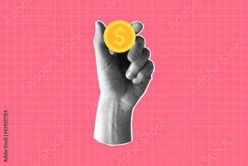 Halftone collage of a hand holding a dollar coin. Banner on a financial theme with money. Concept of payment and financial planning, saving. Paper-cut element on a pink checkered background.