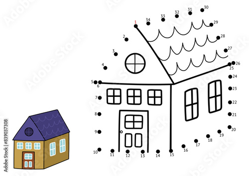 Dot to dot game for kids. Connect the dots and draw a cute house. Funny puzzle activity page. Vector illustration