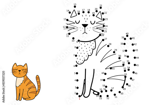 Dot to dot game for kids. Connect the dots and draw a cute cat. Animal puzzle activity page. Vector illustration