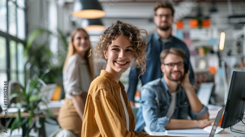 Three happy young people in the office working on laptop computers and laughing together, a smiling female employee looking at the screen of a modern desktop PC with a male coworker. Standing behind