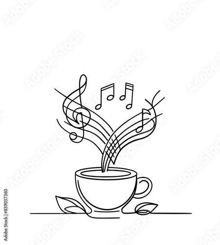 Abstract continuous one line drawing of a coffee cup with music notes for cafe menu design jazz club branding and cozy atmosphere posters