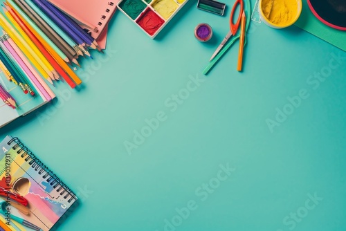 Back to school, education background. Colored pencils, books, notebooks, pens, watercolor paint, scissors, math fractions, other schooll supplies on pastel green background. Top view, Generative AI
