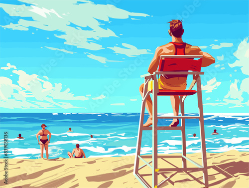 Animated Lifeguard Vigilance: Colorful Vector Illustration of a Watchful Beach Protector