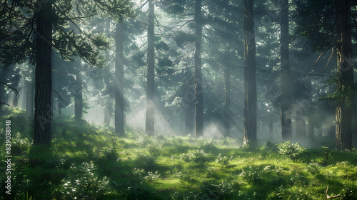 Dense Pine Forest with Sunlight and Shadows