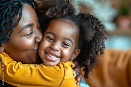 Black female child kissing cheerful hugging happy.