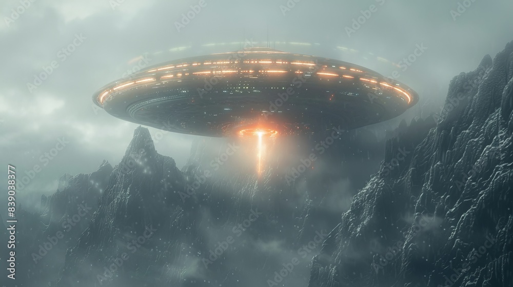 A colossal UFO casting an eerie shadow over a dense, misty mountain range, with vibrant, otherworldly energy emanating from its core, highlighting the fog A colossal UFO casting an eerie shadow over a dense, misty mountain range, with vibrant, otherworldly energy emanating from its core, highlighting the fog