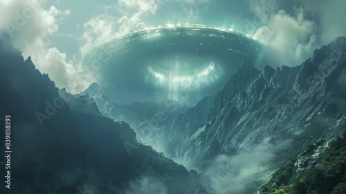 A colossal UFO casting an eerie shadow over a dense, misty mountain range, with vibrant, otherworldly energy emanating from its core, highlighting the fog