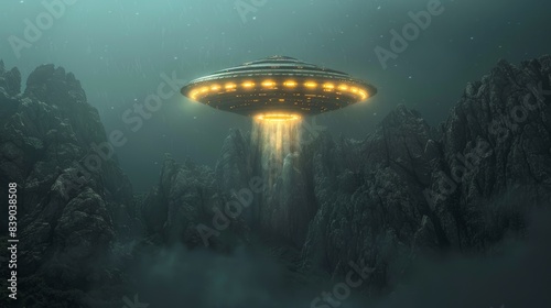 Wallpaper Mural A sleek, metallic UFO floating silently over rugged, rocky mountain terrain under a twilight sky, with beams of light illuminating the cliffs below Torontodigital.ca