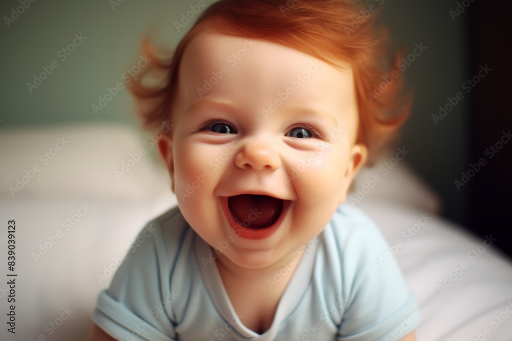 a baby is laughing and smiling near the camera, in the style of youthful energy