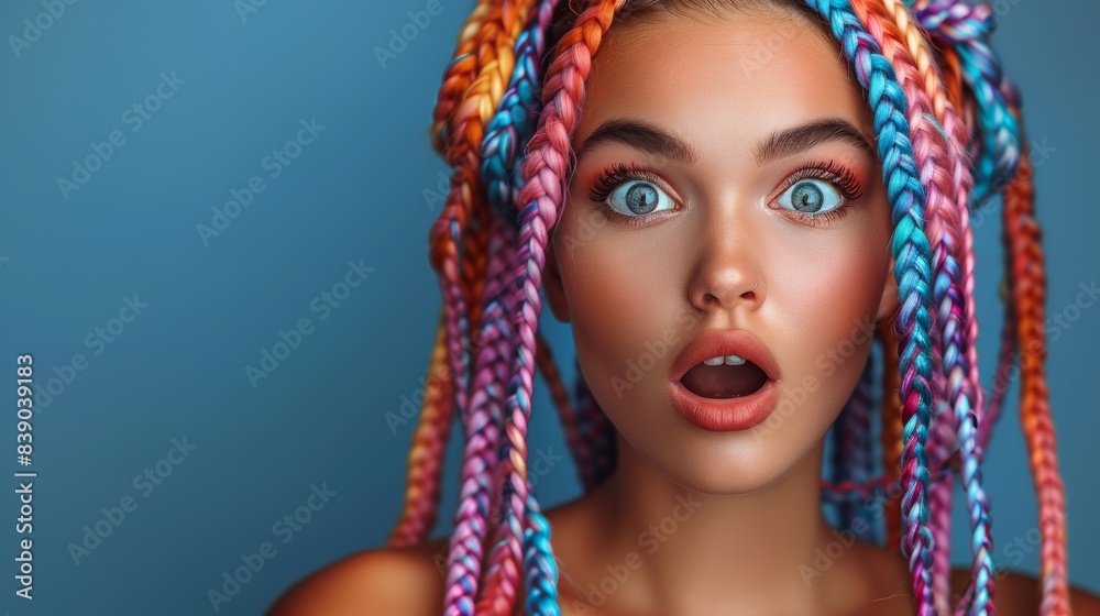 Fototapeta premium Young woman with colourful braids hair, screaming or shouting, surprised look. Wide banner copy space on sides