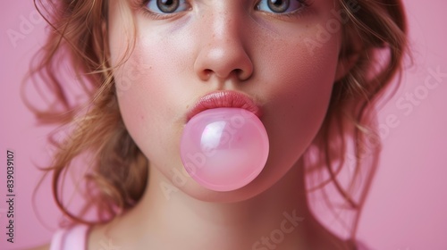  woman mouth blowing gum