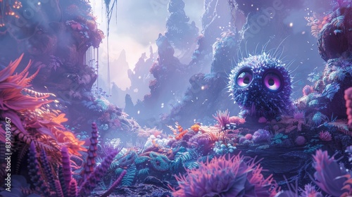 Big-eyed purple alien exploring a landscape of pastel plants and alien flora, dreamlike and serene scene photo