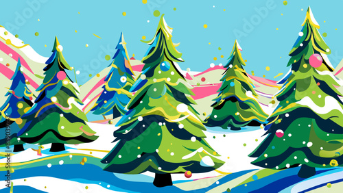 Vibrant Winter Wonderland with Decorated Trees and Snowy Landscape
