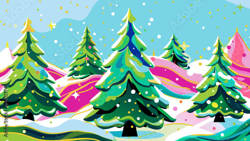 Whimsical Winter Wonderland with Vibrant Christmas Trees