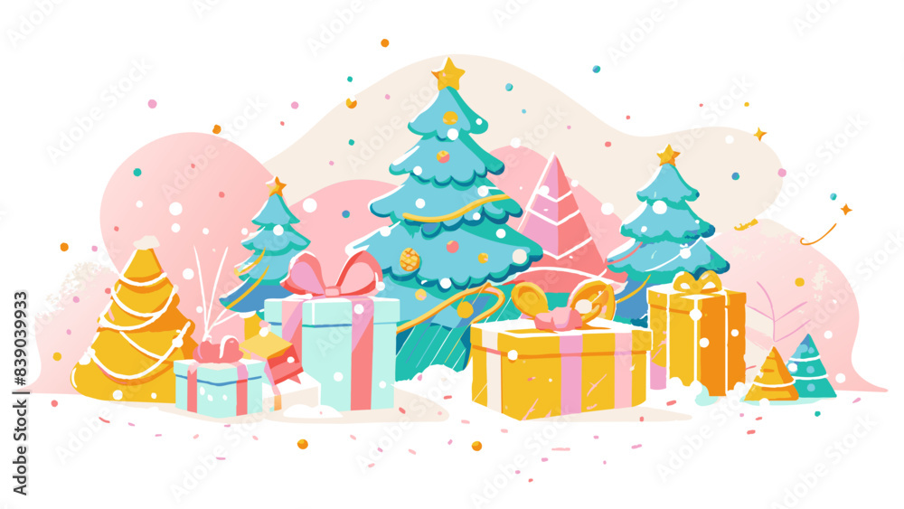 Whimsical Festive Season Illustration with Colorful Christmas Trees and Gifts Whimsical Festive Season Illustration with Colorful Christmas Trees and Gifts