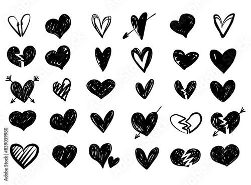 Vector heart icon sketch doodle illustration set with broken heart shape. Black and white monochrome collection