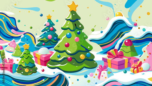 Vibrant Christmas Wonderland with Festive Trees and Gifts