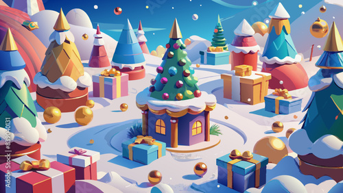 Whimsical Winter Wonderland with Festive Gifts and Snow-Covered Trees